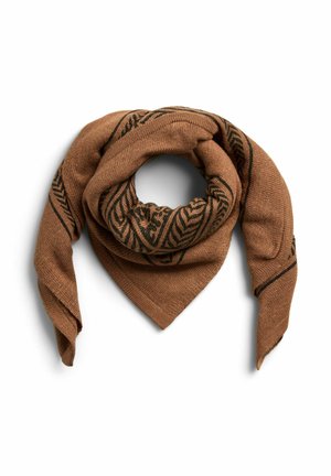 Brown knitted scarf featuring a textured finish, adorned with a black geometric pattern, shaped into a triangular design with pointed ends.