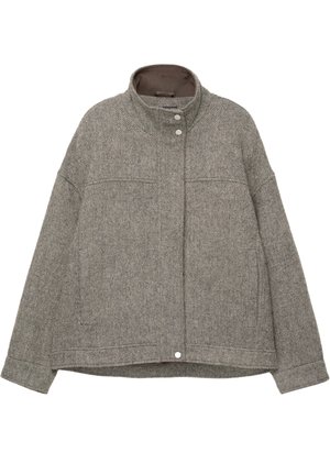 Grau melierter Wolljacke mit hohem Kragen, Druckknopfverschluss, langen Ärmeln, zwei Fronttaschen und strukturiertem Fischgrätmuster.