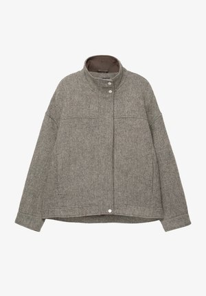 Grau melierter Wolljacke mit hohem Kragen, Druckknopfverschluss, langen Ärmeln, zwei Fronttaschen und strukturiertem Fischgrätmuster.
