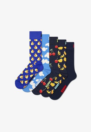 Fem par bomuldsstrømper med farverige mønstre: gummidyr, skyer, kirsebær og bananer. Farverne inkluderer blå, marineblå og gul.