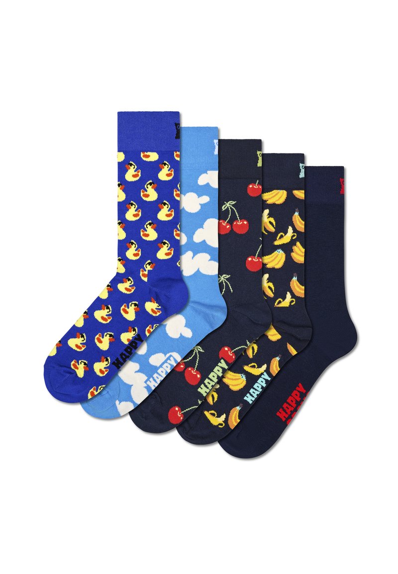 Cinq paires de chaussettes en coton avec des motifs colorés : canards en caoutchouc, nuages, cerises et bananes. Les couleurs incluent bleu, marine et jaune.