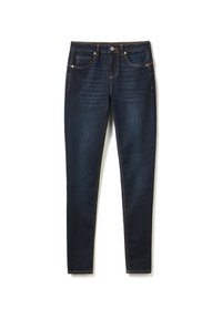 Jean en denim bleu foncé à coupe slim, doté de cinq poches, de coutures dorées et d'une fermeture à bouton unique. Texture lisse et jambes droites.