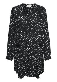 Robe tunique noire à manches longues avec des pois blancs irréguliers, encolure en V avec trois boutons et un ourlet arrondi.