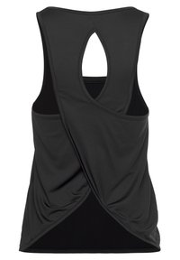 Schwarzes ärmelloses Oberteil mit einem Schlüssel-Ausschnitt auf der Rückseite, aus glattem Stoff gefertigt, mit einem drapierten Design und abgerundetem Saum.