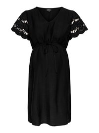 Black knee-length maternity dress with V-neck, scalloped lace short sleeves, and adjustable waist tie.