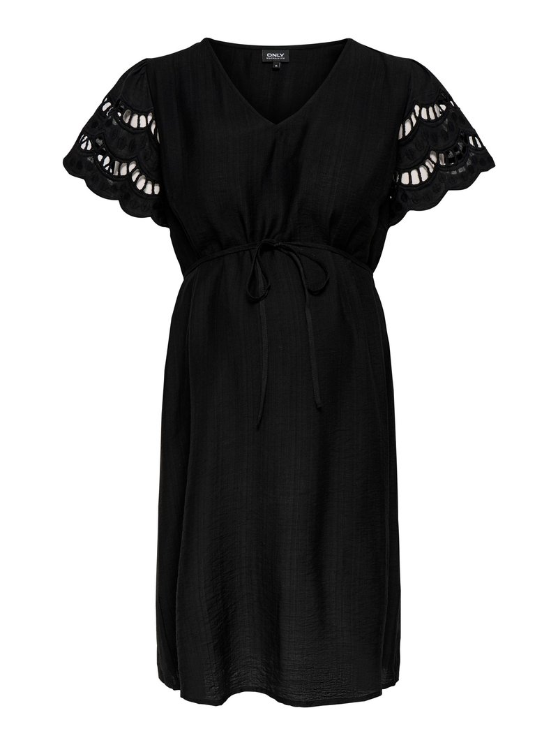 Black knee-length maternity dress with V-neck, scalloped lace short sleeves, and adjustable waist tie.