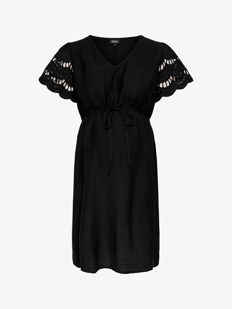 Black knee-length maternity dress with V-neck, scalloped lace short sleeves, and adjustable waist tie.