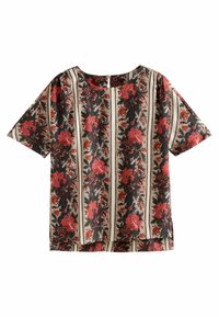 Top de manga corta con estampado floral en colores cálidos, con escote redondeado y corte holgado. Tejido texturizado con rayas contrastantes.