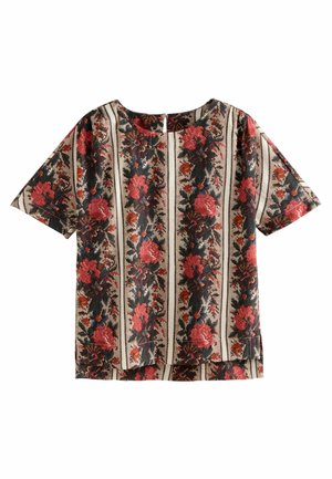 Bloemmotief korte mouwen top in warme kleuren, met een ronde halslijn en een losse pasvorm. Geweven stof met contrasterende strepen.