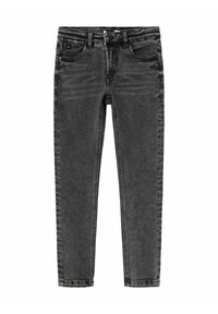 Melni slim-fit džinsi no denima auduma, ar klasisku piecu kabatu dizainu, kontrastējošām diegu šuvēm un rāvējslēdzēju ar pogu aizdari.