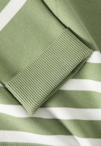 Groen en witte gestreepte trui met een geribde manchet. De stof lijkt zacht met een gladde textuur en gelijkmatige breipatronen overal.
