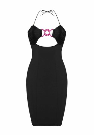 Black fitted halter dress with cut-out chest detail and pink chain-link accent at bust.
