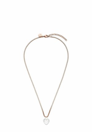 Rozen gouden ketting met een delicaat snoer, voorzien van een heldere hartvormige hanger en kleine sprankelende accenten langs de lengte.