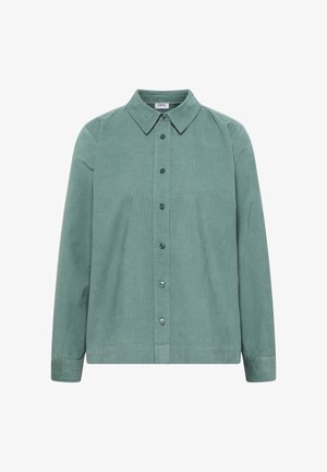 Zielona koszula z kordurojowego materiału, z kołnierzykiem, długimi rękawami i zapinana na guziki. Posiada teksturowaną powierzchnię i guziki w tonacji kolorystycznej.