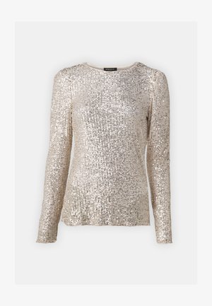 Long-sleeve top in champagne color, covered in sequins with a ribbed texture. Features a round neckline and tailored fit.