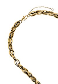 Naszyjnik z łańcuszka w złotym odcieniu, z owalnymi ogniwami o wypolerowanej powierzchni i zapięciem typu lobster, zawierający regulowany przedłużacz łańcuszka do dopasowania.