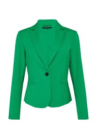 Grüner Blazer aus glattem Stoff, mit schmaler Passform, einem einzelnen schwarzen Knopf, Reverskragen und zwei vorderen Taschen.