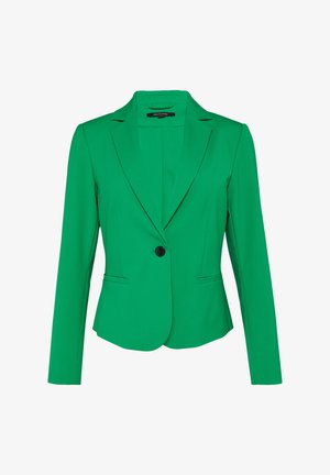 Groene blazer van glad stof, met een getailleerde pasvorm, één zwarte knoop, gesneden revers en twee voorke pockets.