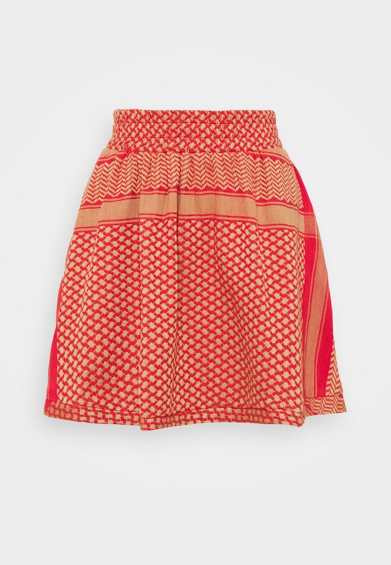 Jupe rouge et beige à motifs avec une taille élastique et des motifs géométriques affichée sur un fond blanc.