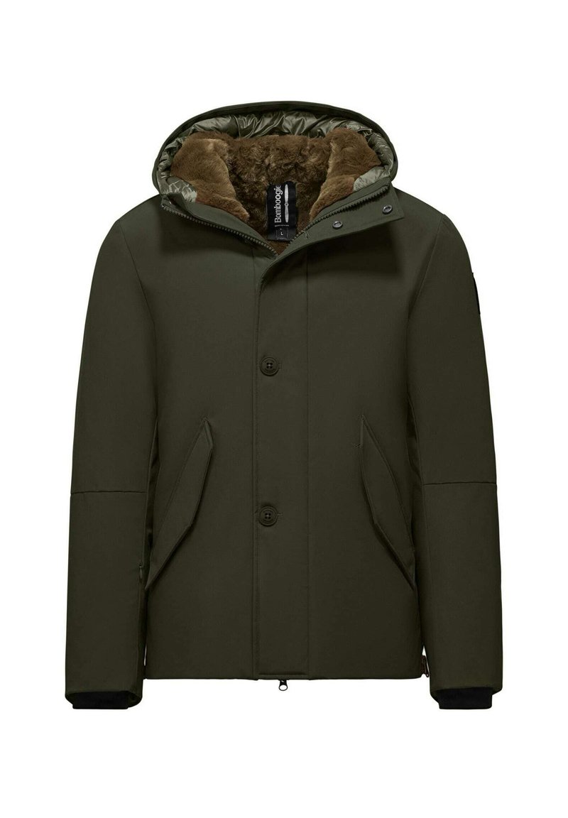 Giubbotto puffa verde oliva con cappuccio foderato di pelliccia, bottoni a pressione, tasche laterali e polsini neri. Tessuto morbido con un design aerodinamico.