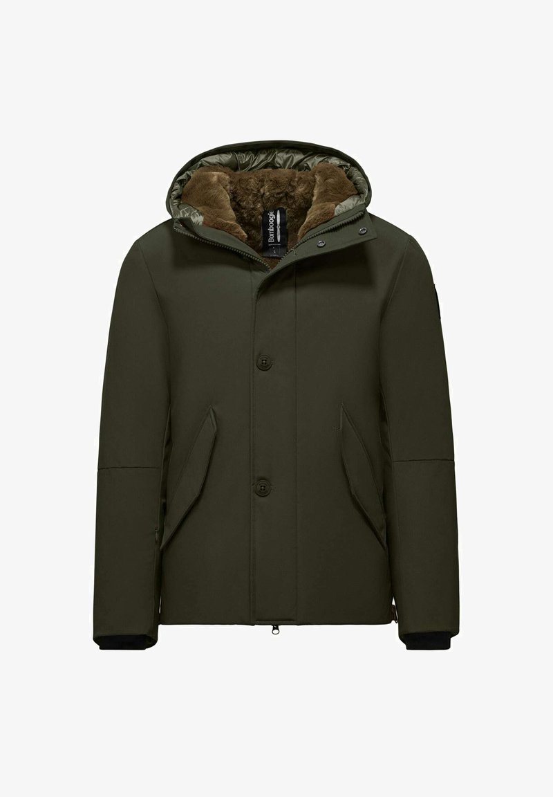 Giubbotto puffa verde oliva con cappuccio foderato di pelliccia, bottoni a pressione, tasche laterali e polsini neri. Tessuto morbido con un design aerodinamico.