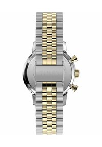 Bracelet de montre en métal bicolore avec des maillons dorés et argentés, fermoir de marque Timex et boutons de chronographe visibles sur le côté du boîtier de la montre.