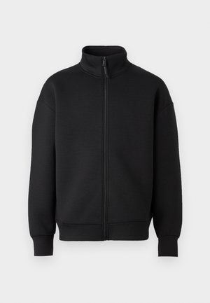 Black zip-up jacket with high collar, long sleeves, and ribbed cuffs and hem, displayed on a plain background.