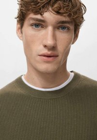 Olivgrüner, gerippter Pullover mit Rundhalsausschnitt, getragen über einem weißen Hemd. Das Model hat hellbraune, lockige Haare und hellblaue Augen.