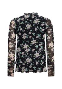Schwarzes, transparentes Oberteil mit langen Ärmeln und floralem Muster in Pastellfarben; gewellter Ausschnitt und Saum, leichtes Material, figurbetonte Silhouette.
