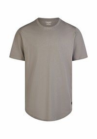 T-shirt in cotone grigio con colletto rotondo, maniche corte e orlo dritto. Presenta un piccolo logo etichetta nella parte inferiore sinistra.