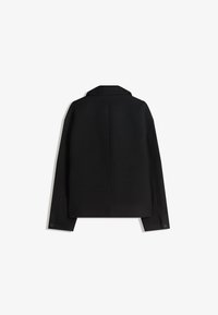 Black wool blend jacket with a structured design, large collar, and long sleeves. Features a straight cut and buttoned cuffs.