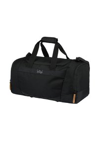 Černá sportovní taška s hladkým nylonovým povrchem, dvojitými rukojeťmi a boční kapsou na zip; obsahuje decentní logo a kožený akcent.