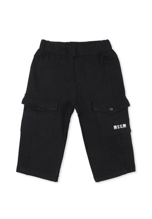 Pantaloni cargo neri in cotone con una cintura elastica, due tasche laterali applicate e il logo in rilievo 'MSGM' sulla gamba destra.