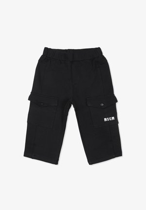 Pantaloni cargo neri in cotone con una cintura elastica, due tasche laterali applicate e il logo in rilievo 'MSGM' sulla gamba destra.