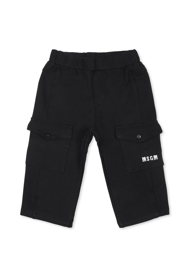 Pantaloni cargo neri in cotone con una cintura elastica, due tasche laterali applicate e il logo in rilievo 'MSGM' sulla gamba destra.