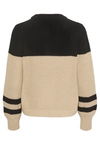 Pull en maille avec une partie supérieure noire, un milieu beige et des accents rayés noirs sur les manches. Tissu texturé avec un col et des poignets côtelés.