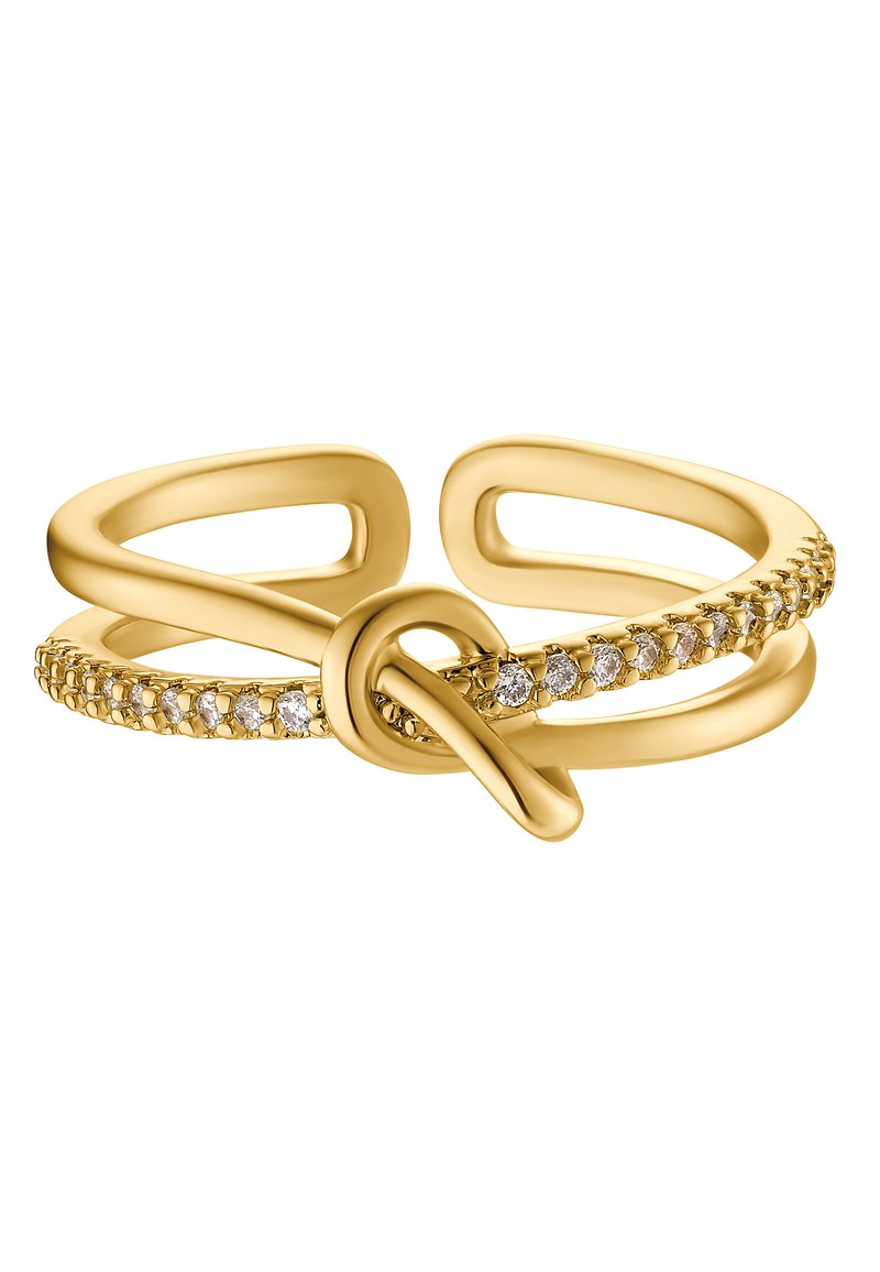 Złoty pierścionek z splecionymi obrączkami, z jedną ozdobioną małymi, przezroczystymi kamieniami, gładkimi powierzchniami oraz szczegółem w formie węzła.