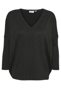 Tumma harmaa V-purjerenkaina neule, jossa on 3/4-hihat, ribbitekstuuri hihansuissa ja rento istuvuus. Valmistettu pehmeästä, kevyestä materiaalista.