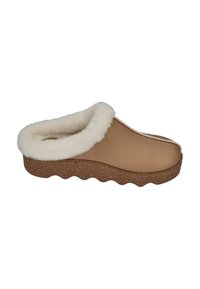 Tan slip-on slipper with a fluffy white fur collar and a textured brown rubber sole featuring a wavy pattern.