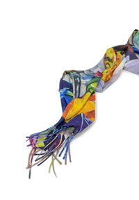 Foulard in seta colorato con motivi astratti blu, giallo e verde, con estremità frangiate. Tessuto leggero e morbido.