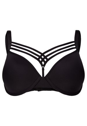Černá podprsenka s polstrovanými košíčky, hladkým povrchem, designem svislých a vodorovných popruhů na přední části a nastavitelnými ramínky.