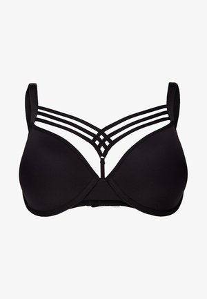 Černá podprsenka s polstrovanými košíčky, hladkým povrchem, designem svislých a vodorovných popruhů na přední části a nastavitelnými ramínky.