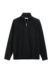 Czarny sweter z wysokim kołnierzem, zapinany na zamek, z prążkowanymi akcentami przy kołnierzu i końcach. Miękka tekstura, raglanowe rękawy i prosty design.