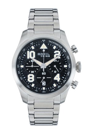 Breil Tribe stainless steel wristwatch with black textured dial, three subdials, date window, tachymeter scale, and luminous hands and markers.