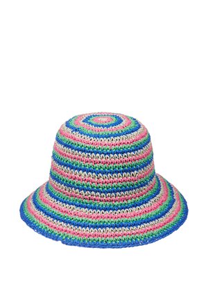 Straw bucket hoed met een brede rand, met meerkleurige strepen in roze, blauw, groen en beige, met een geweven textuur en circulair patroon.