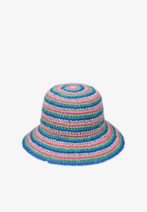 Pălărie tip găleată din paie cu boruri largi, cu dungi multicolore în roz, albastru, verde și bej, cu o textură țesută și un model circular.