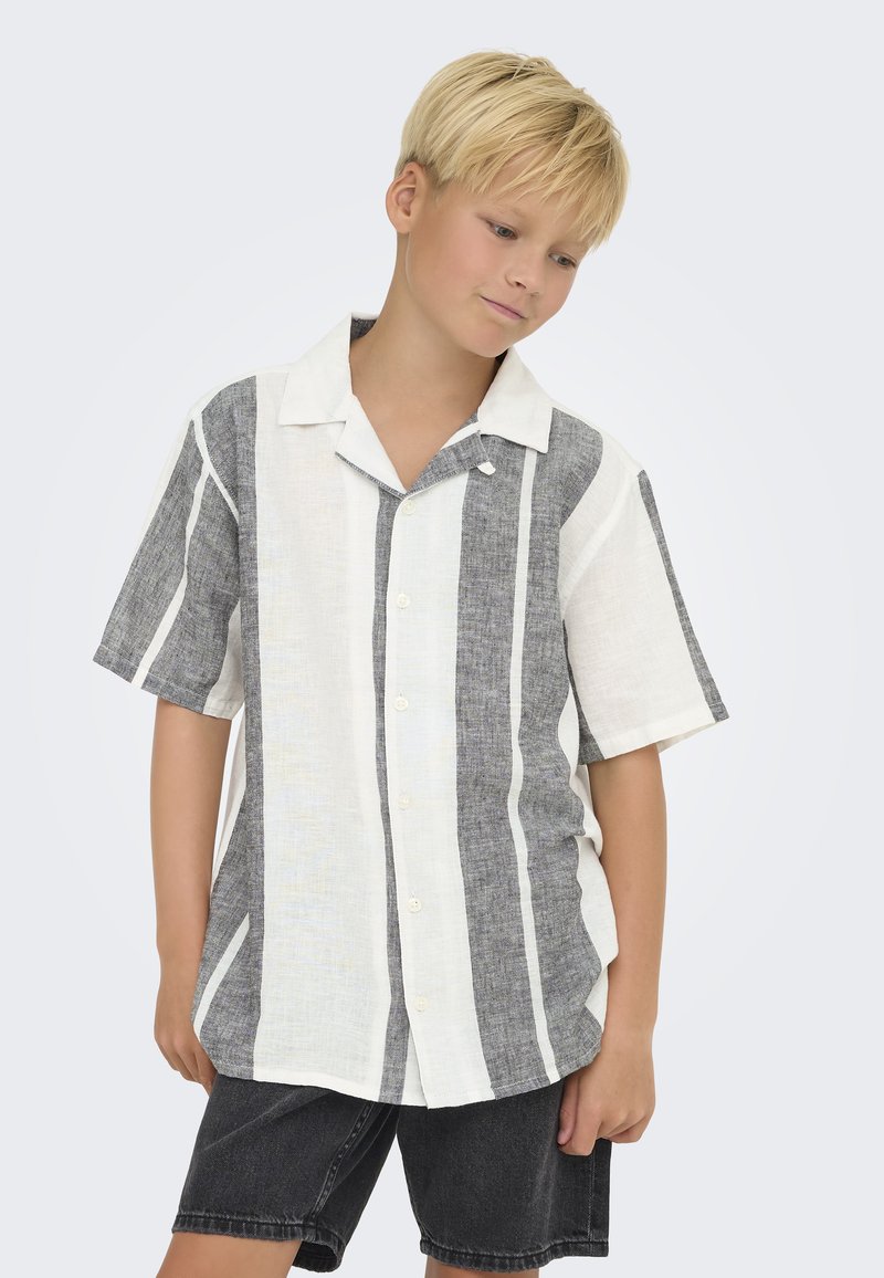 Camicia a maniche corte in un misto lino, con righe verticali bianche e grigie, colletto a ribalta e chiusura frontale con bottoni. Abbinata a pantaloni corti neri.