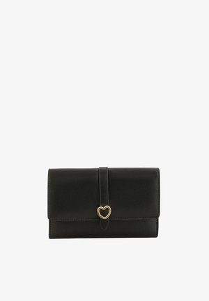Black textured leather wallet with a fold-over flap secured by a strap featuring a small gold heart-shaped buckle.