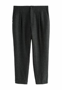 Schwarze, plissierte Hose aus einem strukturierten Stoff mit dezenten Sprenkeln. Verfügt über einen Knopfverschluss und Seitentaschen. Cropped Knöchellänge.