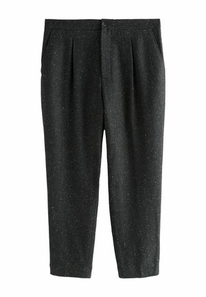 Black pleated trousers in a textured fabric with subtle speckles. Features a button closure and side pockets. Cropped ankle length.